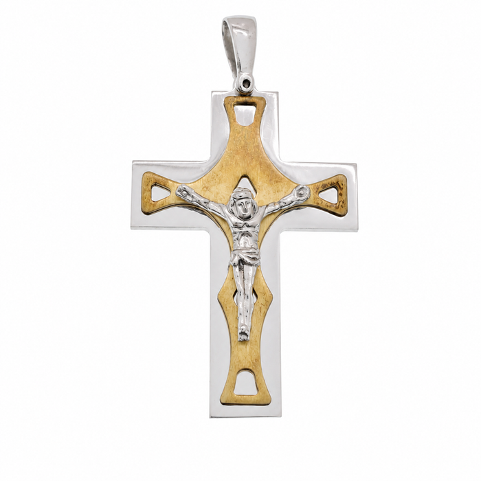 Two-Tone Plated 925 Sterling Silver Crucifix Pendant with Trapezoid Design - ARP00016GP