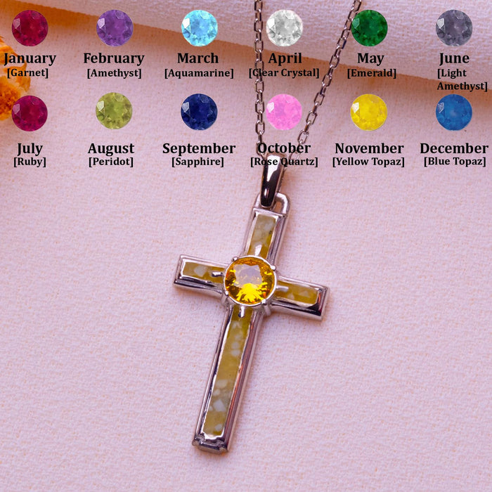 Vertical Framed Birthstone Cross Necklace beneath a chart showing selectable stone personalization options