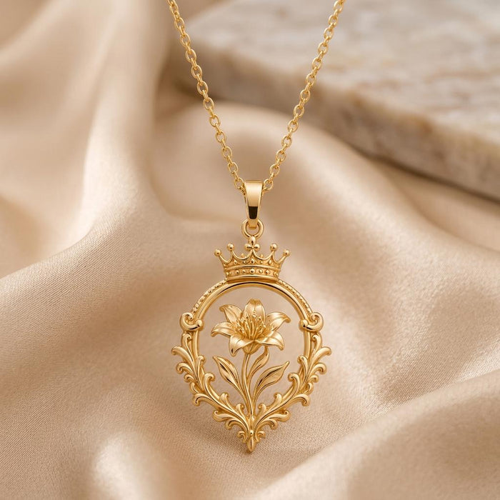 Gold Plated Silver Victorian Crown Bloom Necklace with raised flower and scrolling frame on champagne satin