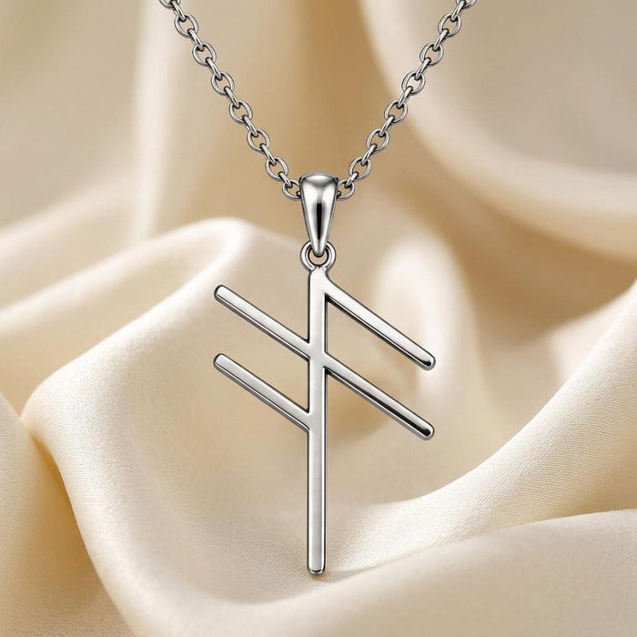 Close view of the Silver Viking Communication Rune pendant on cream satin