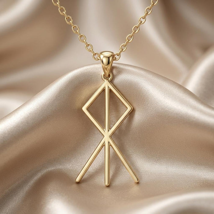 Gold Plated Silver Viking Courage Rune pendant with a diamond-shaped openwork frame on champagne satin
