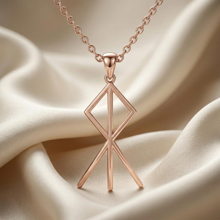 Rose Gold Plated Viking Courage Rune pendant with intersecting tapered lower arms on cream satin