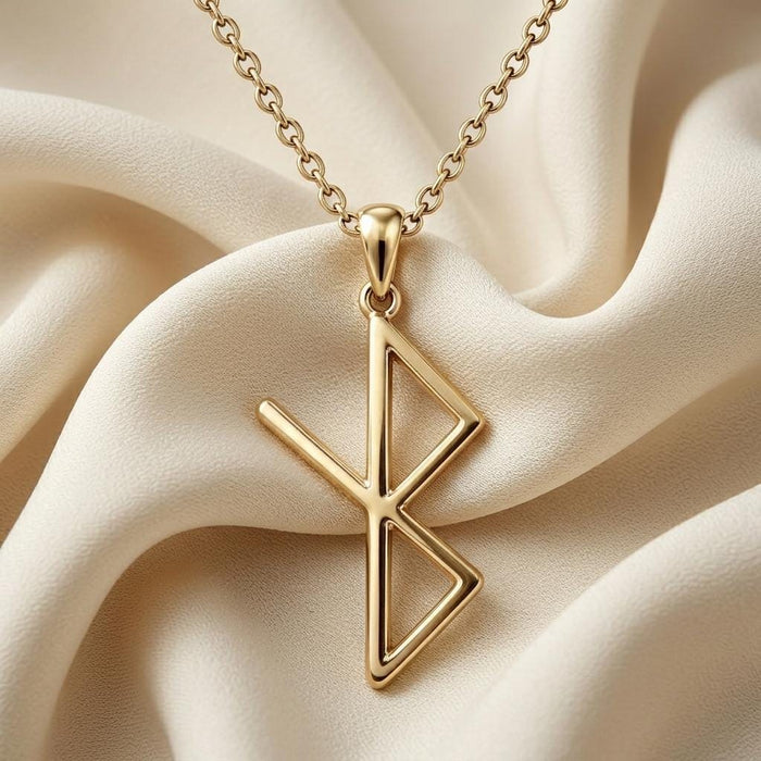 Gold Plated Silver Viking Healing Rune pendant with two connected triangular openings on cream satin