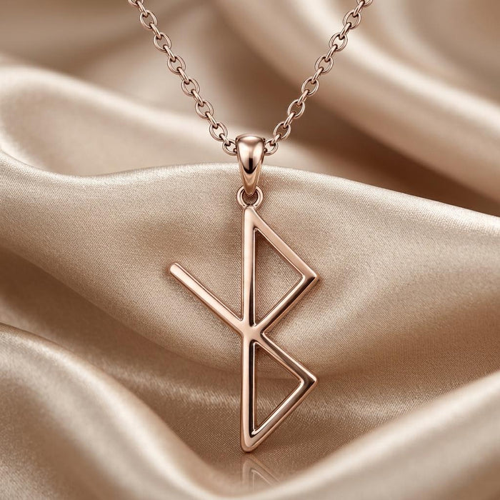 Rose Gold Plated Viking Healing Rune pendant close-up on satin