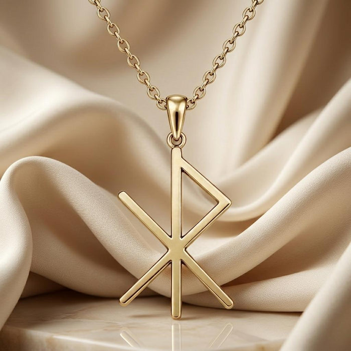 Gold Plated Silver Viking Love Bind Rune Necklace displayed on champagne satin
