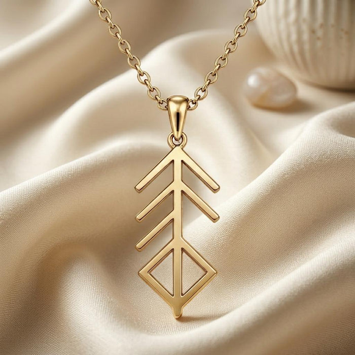 Gold Plated Silver Viking music bind rune pendant with angled bars and open diamond detail on ivory satin