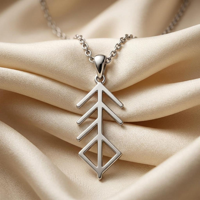 Silver Viking music bind rune pendant necklace with a central stem and open diamond detail on ivory satin