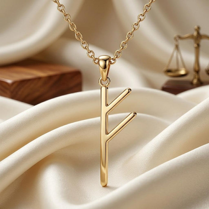 Gold Plated Silver Viking Wealth Rune Necklace with polished double-branch pendant on ivory satin