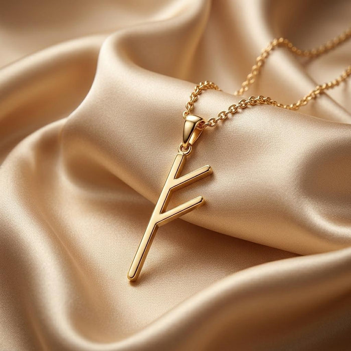 Gold Plated Silver Viking Wealth Rune Necklace arranged on champagne satin