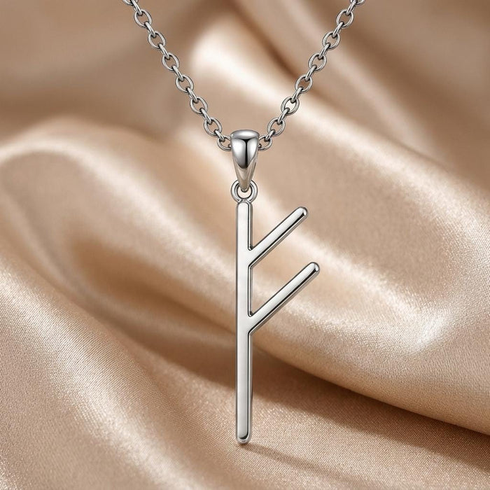 Silver Viking Wealth Rune Necklace close-up showing the long stem and two angled branches