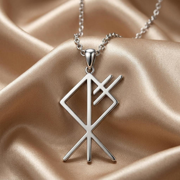 Silver Viking Wulf bind rune pendant with diamond frame on champagne satin