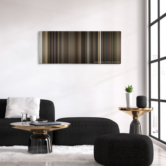 Who Framed Roger Rabbit color palette canvas above a black sofa with a gold-topped table
