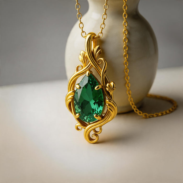 Gold Plated Silver teardrop necklace with a green selectable stone in a leaf-accented scrollwork frame beside a ceramic vase