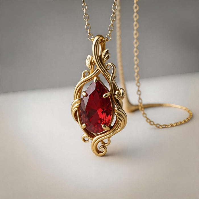 Gold Plated Silver teardrop necklace with a red selectable stone in an ornate openwork scrollwork frame