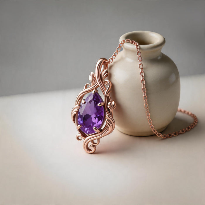 Rose Gold Plated teardrop necklace with a purple selectable stone beside a ceramic vase